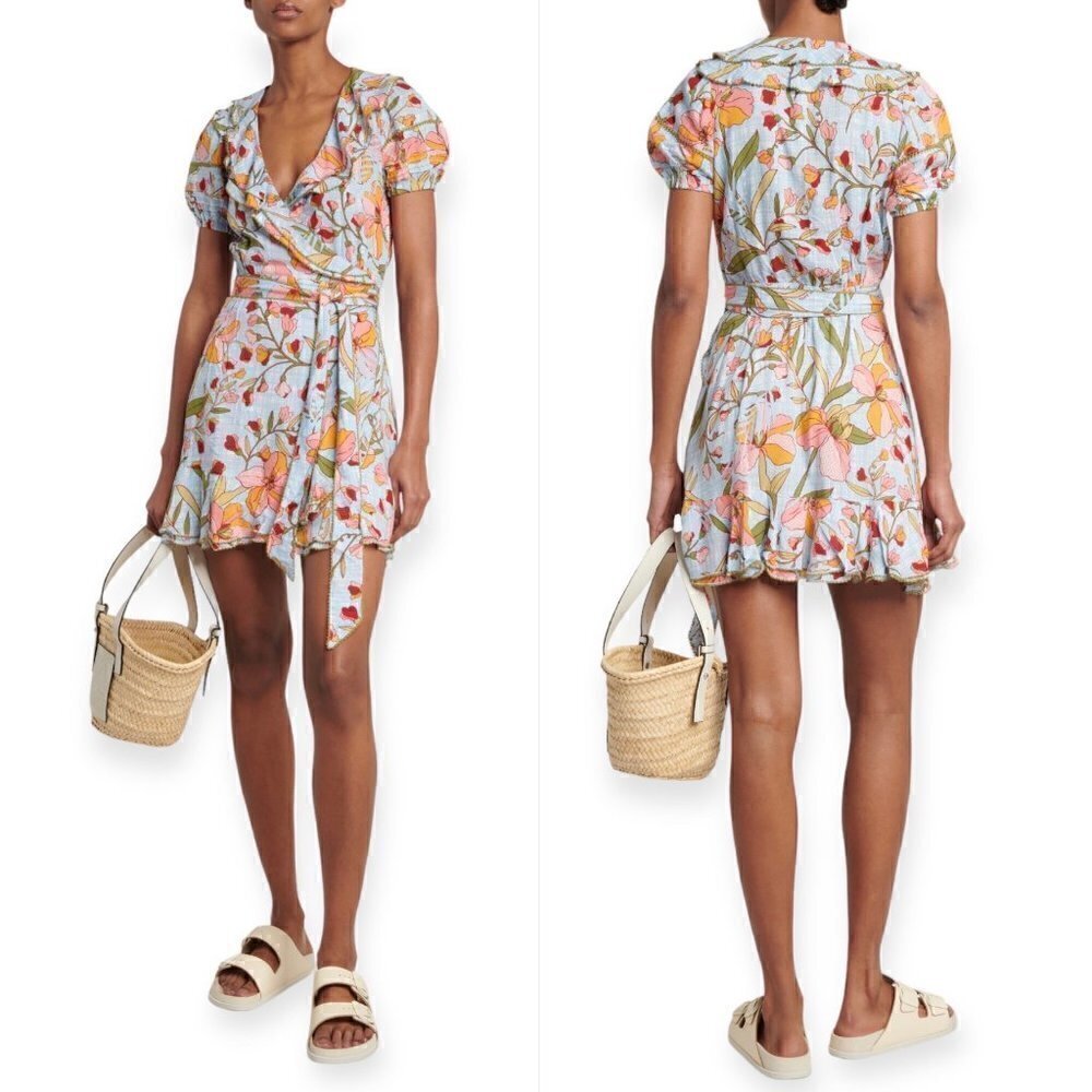 Poupette St Barth Aude Mini Dress in Sky Jonquille, Size Large, New with Tags